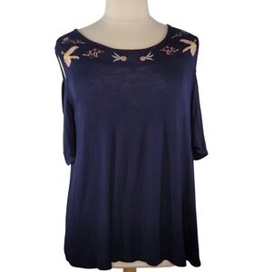Style & Co. Navy Cold Shoulder with Floral Embroidery Top‎